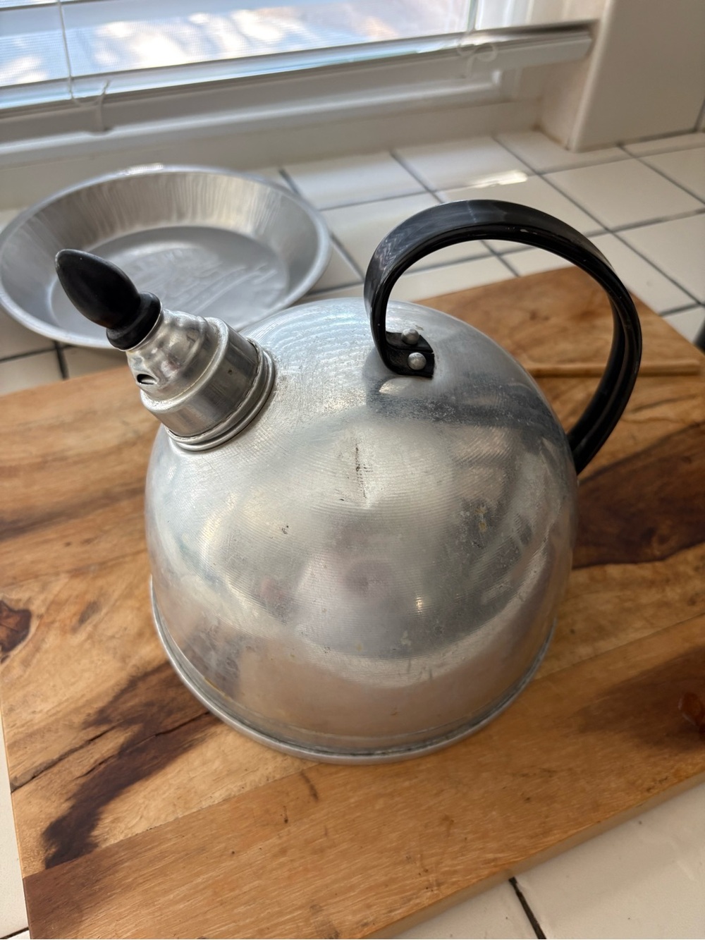 Vintage Whistling Aluminum Tea Kettle with Black Handle and Wood Spout Top